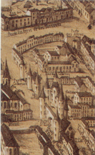 Au premier plan :, dans l'enceinte du XIIIme sicle, l'glise Saint Eloi, la Grosse Cloche et l'htel de ville sige du maire et des Jurats. Dtail du plan par Chaumas, 1550. Coll. part.